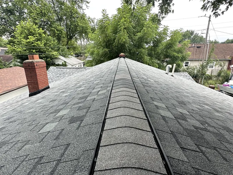 View down a new gray shingle ridge in a mature tree-lined neighborhood