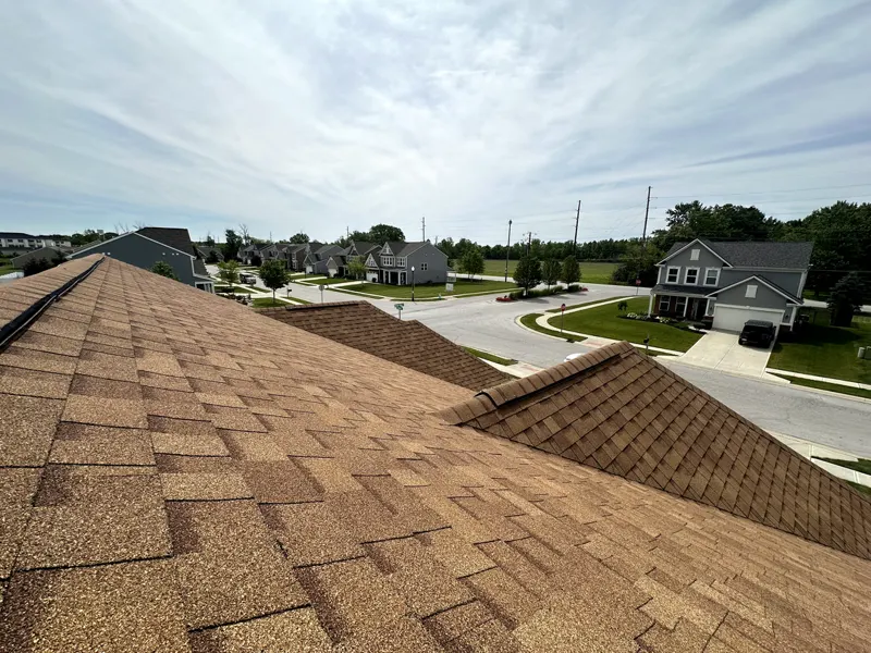 Drone view of a new roof in a newly built subdivision